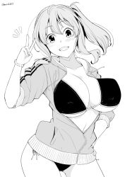 Rule 34 | 1girl, bikini, blush, breasts, collarbone, contrapposto, cowboy shot, greyscale, grin, hand on own hip, hand up, hood, hoodie, kichihachi, large breasts, long hair, looking at viewer, monochrome, original, parted lips, partially unzipped, side ponytail, smile, solo, standing, swimsuit, v