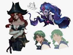 Rule 34 | 4girls, absurdres, bare shoulders, belt, black belt, black headwear, black nails, breasts, character request, cleavage, closed mouth, collarbone, cropped shoulders, detached sleeves, gem, grey background, gun, hair ornament, hat, heterochromia, highres, league of legends, long hair, luna (fiendvenator), miss fortune (league of legends), multiple girls, nail polish, pants, pink eyes, pirate, pirate hat, pointy ears, purple hair, purple lips, red eyes, red hair, red lips, smile, star guardian zoe, striped clothes, striped pants, torn clothes, torn pants, weapon, zoe (league of legends)