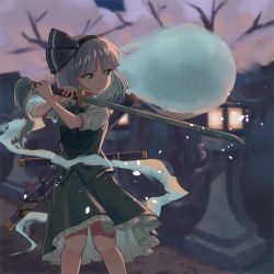 Rule 34 | 1girl, 5alive, black ribbon, blurry, blurry background, bob cut, breasts, commentary request, depth of field, feet out of frame, flower, green eyes, green skirt, green vest, hair ribbon, hairband, highres, hitodama, holding, holding behind back, holding sword, holding weapon, katana, knees together feet apart, kodachi, konpaku youmu, konpaku youmu (ghost), lamp, looking to the side, holding behind back, parted lips, puffy short sleeves, puffy sleeves, ribbon, sheath, sheathed, short hair, short sleeves, short sword, silver hair, skirt, skirt set, small breasts, solo, standing, sword, touhou, tree, v-shaped eyebrows, vest, weapon