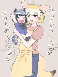 Rule 34 | 10s, 2girls, alternate costume, animal ears, apron, blonde hair, blush, bow, bowtie, child, commentary request, common raccoon (kemono friends), ctf870, denim, fang, fennec (kemono friends), fox ears, fox tail, grey hair, highres, jeans, kemono friends, multicolored hair, multiple girls, pants, puffy short sleeves, puffy sleeves, shirt, short hair, short sleeves, smile, socks, t-shirt, tail, translation request