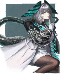 Rule 34 | 1girl, arknights, black pantyhose, blue feathers, blue nails, breasts, coat, commentary request, dress, feathered wings, feathers, finger to own chin, fingerless gloves, gloves, green background, green eyes, grey hair, hair between eyes, head wings, highres, ho&#039;olheyak (arknights), hood, hood down, infection monitor (arknights), kookaburrarex, large breasts, lips, long coat, long hair, long sleeves, long tail, looking at viewer, open clothes, pantyhose, smile, snake tail, solo, tail, two-tone background, white background, white coat, white dress, white gloves, wings
