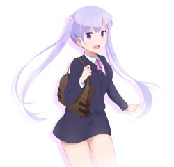Rule 34 | 1girl, :d, bag, blue jacket, blue skirt, cowboy shot, floating hair, hair ornament, highres, holding, holding bag, jacket, long hair, long sleeves, miniskirt, neck ribbon, new game!, open mouth, pencil skirt, pink ribbon, purple eyes, ribbon, shirt, silver hair, simple background, skirt, smile, solo, standing, suzukaze aoba, taka-chan, twintails, very long hair, white background, white shirt