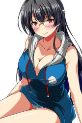 Rule 34 | 10s, 1girl, alternate costume, ar (lover boy), bare arms, bare shoulders, black hair, blush, breasts, choukai (kancolle), cleavage, closed mouth, collarbone, drawstring, glasses, highres, hood, hoodie, kantai collection, large breasts, long hair, looking at viewer, no bra, no pants, panties, red eyes, rimless eyewear, sitting, sleeveless, sleeveless hoodie, smile, solo, underwear, white panties