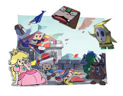 Rule 34 | &gt; &lt;, 1girl, 3boys, :o, arm support, black eyes, blonde hair, blue gemstone, blue sky, blue vest, border, bowser, castle, closed eyes, commentary request, crown, day, dress, earrings, elbow gloves, fangs, flag, gem, gloves, goomba, hand up, hood, hood up, jewelry, long hair, looking at another, mario (series), mask, mountain, multiple boys, nintendo, open clothes, open mouth, open vest, origami, outdoors, outside border, paper, paper mario, paper mario: the origami king, pennant, pink dress, princess peach, puffy short sleeves, puffy sleeves, red gemstone, red toad (mario), rfufvas3phbxkxa, rinabee (rinabele0120), short sleeves, shy guy, sidelocks, sky, sphere earrings, spike (mario), toad (mario), v-shaped eyebrows, vest, white border, white gloves, wide-eyed