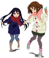 Rule 34 | 2girls, black hair, boots, brown hair, coat, denim, fashion, food, hair ornament, holding hands, highres, hirasawa yui, ice cream, jacket, jeans, k-on!, pantyhose under shorts, multiple girls, nakano azusa, official art, open mouth, pants, pantyhose, pink scarf, red scarf, round teeth, running, scarf, shoes, short hair, shorts, sneakers, teeth, twintails