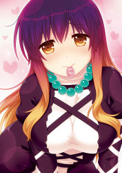 Rule 34 | 1girl, bead necklace, beads, blonde hair, blush, breasts, condom, condom in mouth, cpu (hexivision), dress, gradient hair, heart, heart background, hijiri byakuren, jewelry, juliet sleeves, large breasts, leaning forward, long hair, long sleeves, looking at viewer, mouth hold, multicolored hair, necklace, puffy sleeves, purple hair, sidelocks, solo, touhou, upper body, yellow eyes
