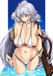 Rule 34 | 1girl, ahoge, bikini, blue sky, bokuso, braid, breasts, choker, cleavage, cloud, collarbone, commentary request, cross, cross necklace, curvy, day, granblue fantasy, gun, hair between eyes, highres, jewelry, large breasts, long hair, midriff, navel, necklace, off shoulder, partially submerged, rifle, sagging breasts, silva (granblue fantasy), silver hair, sky, solo, swimsuit, twin braids, underboob, very long hair, wading, water, weapon, white bikini, yellow eyes
