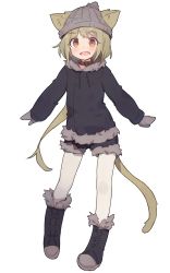 Rule 34 | 1girl, animal ears, boots, cat ears, cat tail, collar, cross-laced footwear, fang, fur-trimmed jacket, fur-trimmed shorts, fur trim, hat, highres, jacket, light brown hair, long hair, mittens, open mouth, original, pantyhose, shone, shorts, sketch, solo, tail, woollen cap