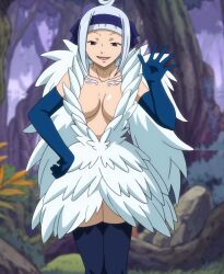 Rule 34 | 1girl, angel (fairy tail), breasts, cleavage, dress, elbow gloves, fairy tail, feathers, gloves, grey hair, hair ornament, hair ribbon, hairband, hand on own hip, highres, looking at viewer, medium breasts, medium hair, ribbon, screencap, smile, solo, stitched, thighhighs, third-party edit, waving