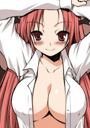 Rule 34 | 1girl, akou roushi, arms up, blush, breasts, cleavage, close-up, collarbone, dress shirt, female focus, head wings, koakuma, large breasts, long hair, no bra, open clothes, open shirt, red eyes, red hair, shirt, smile, solo, touhou, unbuttoned, upper body, wings