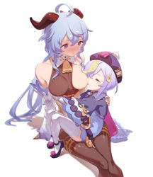 Rule 34 | 2girls, ^ ^, ahoge, bare shoulders, bell, blush, braid, braided ponytail, breastfeeding, breasts, closed eyes, cowbell, detached sleeves, dress, closed eyes, full body, ganyu (genshin impact), genshin impact, hair ornament, happy, hat, highres, horns, jiangshi, lactation, lactation through clothes, long sleeves, medium breasts, multiple girls, nipples, one breast out, qiqi (genshin impact), sanooxo, simple background, thighhighs, white background, white legwear, wide sleeves