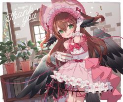Rule 34 | 1girl, :d, animal ears, bird ears, bird tail, bird wings, blush, bonnet, book, border, bow, bowtie, brown hair, commentary, commission, dress, english commentary, gloves, hand up, holding, holding book, indie virtual youtuber, indoors, looking at viewer, magpie (vtuber), open mouth, pink bow, pink bowtie, pink dress, plant, potted plant, skeb commission, smile, solo, standing, string, string of fate, tail, two side up, uchako, virtual youtuber, white border, white gloves, wings