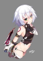 Rule 34 | 1girl, :q, bandaged arm, bandages, bare shoulders, black gloves, black panties, black shirt, black thighhighs, blood, blood on face, blush, breasts, closed mouth, commentary request, cropped legs, dagger, facial scar, fate/grand order, fate (series), fingerless gloves, gloves, green eyes, grey background, groin, hair between eyes, hand up, highres, holding, holding dagger, holding knife, holding weapon, jack the ripper (fate/apocrypha), knife, lowleg, lowleg panties, navel, panties, scar, scar across eye, scar on cheek, scar on face, shirt, shoulder tattoo, signature, silver hair, simple background, single glove, sleeveless, sleeveless shirt, small breasts, smile, solo, tattoo, thighhighs, tongue, tongue out, underwear, weapon, yaosera