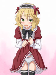 Rule 34 | 10s, 1girl, black bow, blonde hair, blush, bow, bow panties, clothes lift, collared dress, commentary request, cowboy shot, crotch seam, dress, embarrassed, frilled dress, frills, gothic lolita, green eyes, hairband, headdress, idolmaster, idolmaster cinderella girls, layered sleeves, lielos, lifted by self, lolita fashion, long sleeves, looking at viewer, medium dress, open mouth, panties, pantyshot, red dress, sakurai momoka, short hair, short over long sleeves, short sleeves, simple background, skirt, skirt lift, solo, standing, underwear, wavy mouth, white background, white panties