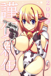 Rule 34 | 00s, 1girl, 2009, 85g, animal ears, animal print, bell, blue eyes, breasts, collar, cow ears, cow girl, cow print, elbow gloves, gloves, huge breasts, lactation, milk gun, milking machine, neck bell, nipples, orange hair, original, projectile lactation, solo, thighhighs
