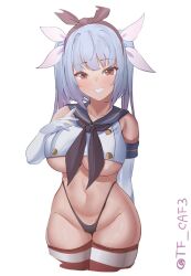 Rule 34 | black hairband, black neckerchief, black panties, blue hair, blue sailor collar, breasts, cosplay, cowboy shot, cropped legs, elbow gloves, gloves, grin, hair ribbon, hairband, highleg, highleg panties, i-19 (kancolle), kantai collection, large breasts, long hair, looking at viewer, miniskirt, neckerchief, one-hour drawing challenge, panties, red eyes, ribbon, sailor collar, shimakaze (kancolle), shimakaze (kancolle) (cosplay), shirt, simple background, skirt, sleeveless, sleeveless shirt, smile, striped clothes, striped thighhighs, tf cafe, thighhighs, twintails, twitter username, underboob, underwear, white background, white gloves