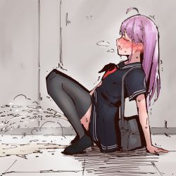Rule 34 | 1girl, absurdres, alley, bag, blush, closed eyes, highres, open mouth, original, outdoors, peeing, puddle, purple hair, rune (dualhart), school bag, school uniform, solo