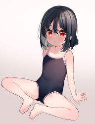 Rule 34 | 1girl, :o, bare arms, bare legs, bare shoulders, barefoot, black hair, black one-piece swimsuit, brown background, collarbone, commentary request, gradient background, grey background, hair between eyes, highres, looking at viewer, meito (maze), one-piece swimsuit, original, parted lips, red eyes, sitting, soles, solo, swimsuit