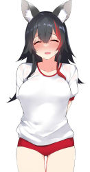 Rule 34 | 1girl, ^ ^, animal ears, arms behind back, black hair, blush, breasts, closed eyes, collarbone, gym uniform, hololive, large breasts, long hair, looking at viewer, multicolored hair, ookami mio, open mouth, red hair, shirt, short sleeves, simple background, smile, solo, streaked hair, terazip, virtual youtuber, white background, white shirt, wolf ears, wolf girl