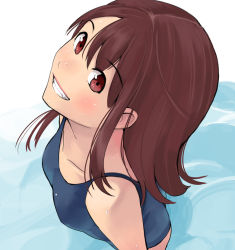 Rule 34 | 1girl, brown eyes, brown hair, collarbone, foreshortening, from above, grin, hanaosutarou, long hair, looking at viewer, one-piece swimsuit, original, perspective, school swimsuit, short hair, smile, solo, swimsuit, water