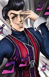 Rule 34 | 1boy, absurdres, artist name, black hair, grey background, grin, highres, jojo no kimyou na bouken, lazytown, looking at viewer, male focus, meloramylin, purple eyes, robbie rotten, sideburns, smile, solo, standing, striped clothes, striped vest, upper body, vest