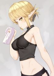 Rule 34 | 1girl, aegis (takunomi), arm at side, bare shoulders, blonde hair, breasts, folded ponytail, from side, green eyes, grey background, halterneck, halterneck, highres, impossible clothes, impossible shirt, looking at viewer, medium breasts, midriff, navel, original, parted lips, pointy ears, shirt, short hair, sideboob, simple background, solo, sweat, takunomi, towel, tsurime