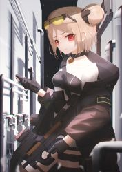 Rule 34 | 1girl, absurdres, breasts, buckle, bullpup, choker, double bun, girls&#039; frontline, gloves, gun, hair bun, highres, horizontal magazine, huge filesize, light brown hair, p90, p90 (girls&#039; frontline), partially fingerless gloves, personal defense weapon, red eyes, see-through, short hair, snap-fit buckle, solo, submachine gun, thomas 8000, translucent, weapon
