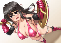 Rule 34 | 1girl, armored boots, bikini, black hair, blush, boots, breasts, cleavage, collarbone, covered erect nipples, fang, from above, full body, gloves, hair between eyes, kantai collection, large breasts, long hair, looking at viewer, multicolored hair, naganami (kancolle), navel, open mouth, pink bikini, pink footwear, pink gloves, pink hair, smile, solo, swimsuit, yellow eyes, yoshi tama