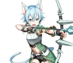 Rule 34 | 1girl, animal ears, armor, black ribbon, black shorts, blue eyes, blue hair, bow (weapon), breastplate, cat ears, cat tail, cowboy shot, hair between eyes, hair ribbon, holding, holding bow (weapon), holding weapon, looking at viewer, midriff, navel, open mouth, ribbon, short hair with long locks, short shorts, shorts, sidelocks, sinon (sao-alo), slit pupils, solo, standing, stomach, sword art online, tail, transparent background, weapon