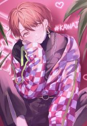 Rule 34 | 1boy, blush, checkered clothes, checkered sleeves, earrings, facing viewer, head rest, heart, highres, jewelry, long sleeves, looking at viewer, male focus, maru futab, maruyama reo, paradox live, pink background, red eyes, red hair, short hair, solo