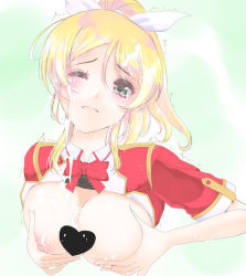 Rule 34 | 10s, 1girl, ayase eli, between breasts, blonde hair, blue eyes, blush, bow, breast hold, breasts, censored, closed mouth, cum, cum on body, cum on breasts, cum on hair, cum on upper body, cum string, ejaculation, ejaculation between breasts, facial, frapowa, frown, hair bow, hair ribbon, heart, heart censor, large breasts, long hair, looking at viewer, love live!, love live! school idol project, nipples, one eye closed, orgasm, paizuri, ponytail, ribbon, solo, sparkle, tears, trembling, wince