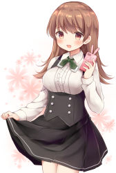 Rule 34 | 10s, 1girl, bad id, bad pixiv id, black skirt, breasts, brown eyes, brown hair, cellphone, collar, corset, dress, floral background, highres, kantai collection, long hair, long sleeves, masayo (gin no ame), matching hair/eyes, medium breasts, meme attire, ooi (kancolle), open mouth, phone, pinafore dress, skirt, sleeveless dress, smartphone, solo, virgin killer outfit, white background