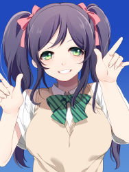 Rule 34 | 10s, 1girl, \m/, alternate hairstyle, bad id, bad pixiv id, bow, double \m/, green eyes, grin, highres, long hair, looking at viewer, love live!, love live! school idol project, mihatarou, nico nico nii, purple hair, school uniform, smile, solo, sweater vest, tojo nozomi, twintails, upper body