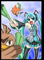 Rule 34 | &gt;:d, 00s, 1girl, :d, aqua eyes, aqua hair, artist request, blue eyes, bobobo-bo bo-bobo, brown eyes, close-up, creatures (company), crossover, detached sleeves, don patch, farfetch&#039;d, game freak, gen 1 pokemon, gloves, hatsune miku, headset, highres, item connection, long hair, necktie, nintendo, object connection, open mouth, pointing, pokemon, pokemon (creature), skirt, smile, spring onion, standing, thighhighs, twintails, v-shaped eyebrows, vocaloid, zettai ryouiki