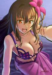 Rule 34 | 1girl, bikini, breasts, cleavage, fate/grand order, fate (series), flower, from above, hair flower, hair ornament, hibiscus, highres, kami mitsugu (kamiken), large breasts, long hair, looking at viewer, navel, open mouth, purple hair, reaching, reaching towards viewer, red eyes, sarong, scathach (fate), scathach (fate/grand order), scathach (swimsuit assassin) (fate), selfie, smile, solo, swimsuit