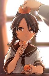 Rule 34 | 1girl, 1other, :&lt;, blurry, brown eyes, brown hair, brown neckerchief, brown sailor collar, commentary request, depth of field, food, fruit, highres, i-coat, indoors, kantai collection, mandarin orange, neckerchief, ponytail, sailor collar, school uniform, serafuku, shikinami (kancolle), short hair, upper body, window