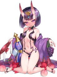 Rule 34 | 1girl, ankle ribbon, bare shoulders, barefoot, barefoot sandals (jewelry), branch, breasts, cherry, cup, fang, fang out, fate/grand order, fate (series), feet, food, fruit, full body, gluteal fold, gourd, grapes, hair ornament, holding, holding food, holding fruit, horns, japanese clothes, kimono, kneeling, leg ribbon, looking at viewer, matanonki, mouth hold, navel, peach, purple eyes, purple hair, red ribbon, ribbon, sakazuki, short hair, shuten douji (fate), shuten douji (first ascension) (fate), simple background, skin-covered horns, small breasts, smile, solo, thigh gap, toes, white background, wide sleeves