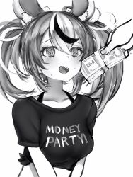 Rule 34 | 1girl, :d, absurdres, animal ear fluff, animal ears, banknote, breasts, clothes writing, collarbone, dice hair ornament, dollar sign, english text, extra ears, greyscale, hair ornament, hakos baelz, highres, holding, holding money, hololive, hololive english, long hair, medium breasts, money, money-shaped pupils, monochrome, mouse ears, multicolored hair, nanashi (nlo), open mouth, out of frame, sharp teeth, shirt, short sleeves, simple background, smile, solo focus, streaked hair, symbol-shaped pupils, teeth, tied shirt, twintails, upper body, virtual youtuber