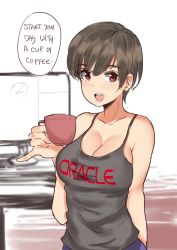 Rule 34 | 1girl, aliasing, arm behind back, bare shoulders, blush, breasts, brown hair, cleavage, clothes writing, cup, happy, highres, indoors, large breasts, looking at viewer, looking to the side, medium breasts, miniskirt, monitor, mug, norman maggot, nose blush, office lady, olive laurentia, oracle (company), original, pinky out, pixie cut, red eyes, shirt, shirt tucked in, short hair, simple background, skirt, sleeveless, sleeveless shirt, smile, solo, speech bubble, standing, sweat, swept bangs, tank top, upper body, white background
