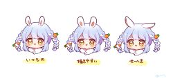 Rule 34 | 0725akaba, 1girl, absurdres, animal ear fluff, animal ears, blue hair, blush, bow, braid, brown eyes, carrot hair ornament, don-chan (usada pekora), food-themed hair ornament, hair bow, hair ornament, highres, hololive, multicolored hair, parted lips, rabbit ears, short eyebrows, sidelocks, signature, simple background, thick eyebrows, translation request, twin braids, twintails, two-tone hair, usada pekora, variations, virtual youtuber, white background, white bow, white hair