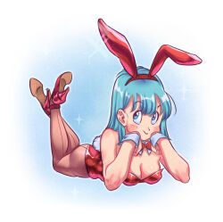 Rule 34 | 1girl, amachu a, animal ears, aqua hair, blue eyes, bow, bowtie, breasts, brown pantyhose, bulma, cleavage, commentary, detached sleeves, dragon ball, dragon ball (classic), english commentary, fake animal ears, fake tail, full body, hairband, head rest, highres, leotard, lying, medium breasts, on stomach, pantyhose, playboy bunny, rabbit ears, rabbit tail, red bow, red bowtie, red hairband, red leotard, smile, solo, sparkle, strapless, strapless leotard, tail, the pose, traditional bowtie, wrist cuffs