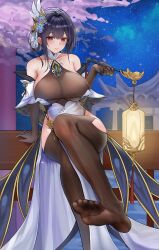 Rule 34 | 1girl, architecture, azur lane, bare shoulders, black hair, blue flower, bodystocking, breasts, brown gloves, chen hai (azur lane), chen hai (retrofit) (azur lane), chinese clothes, dress, east asian architecture, elbow gloves, feet, flower, foot out of frame, gem, gloves, green gemstone, hair ornament, highres, hip vent, holding, holding lantern, lantern, large breasts, legs, long hair, looking at viewer, night, night sky, no shoes, pelvic curtain, red eyes, sky, soles, solo, taut clothes, taut dress, tight clothes, tight dress, toes, water, zhajiangmian mm