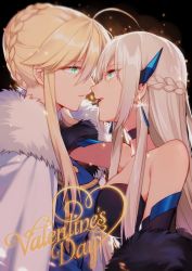 Rule 34 | 2girls, absurdres, ahoge, artoria pendragon (fate), artoria pendragon (lancer) (fate), bad id, bad twitter id, bare shoulders, blonde hair, braid, breasts, cape, chinese commentary, chocolate, choker, cleavage, commentary request, earrings, english text, face-to-face, fate/grand order, fate (series), french braid, from side, fur trim, green eyes, highres, imminent kiss, incest, jewelry, large breasts, long hair, morgan le fay (fate), mouth hold, multiple girls, profile, siblings, sisters, sparkle, upper body, valentine, white cape, yorukun, yuri