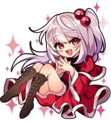 Rule 34 | 1girl, black bow, black bowtie, boots, bow, bowtie, brown footwear, capelet, cross-laced footwear, dress, full body, grey hair, hair bobbles, hair ornament, katayama kei, long hair, one side up, red capelet, red dress, red eyes, shinki (touhou), side ponytail, simple background, solo, sparkle, touhou, touhou (pc-98), white background