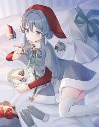 Rule 34 | 1girl, blue eyes, blue hair, blush, cake, cake slice, closed mouth, commentary request, dress, emia wang, food, gloves, gotland (kancolle), grey dress, grey gloves, hair between eyes, hat, highres, holding, holding plate, kantai collection, long hair, looking away, mole, mole under eye, plate, red hat, sack, santa hat, sidelocks, smile, solo, thighhighs, unworn gloves, white thighhighs