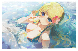 Rule 34 | 1girl, absurdres, ahoge, blonde hair, blush, breasts, cleavage, da tengzi, flower, hachimiya meguru, hair flower, hair ornament, highres, idolmaster, idolmaster shiny colors, large breasts, looking at viewer, partially submerged, reflection, reflective water, refraction, smile, solo