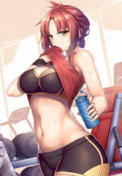 Rule 34 | 1girl, bare shoulders, bottle, breasts, cleavage, guardian-panda, gym, gym shorts, highres, honkai (series), honkai impact 3rd, large breasts, midriff, murata himeko, navel, red hair, shorts, solo, sports bra, sweat, water bottle, weights, wiping mouth, wristband, yellow eyes