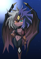 Rule 34 | artist request, big hair, blush stickers, breasts, chibi, demon wings, duel monster, hand on own hip, heterochromia, highres, looking at viewer, night, night sky, simple background, sky, solo, spiked hair, wide hips, wings, yu-gi-oh!, yubel