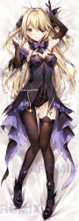 Rule 34 | 1girl, absurdres, arm up, armpits, bare shoulders, bed sheet, black dress, black footwear, black gloves, black panties, blonde hair, boots, bow, bowtie, breasts, bridal gauntlets, brown thighhighs, center opening, closed mouth, dakimakura (medium), detached sleeves, dress, eyepatch, fischl (genshin impact), fishnets, garter straps, genshin impact, gloves, gluteal fold, green eyes, hair over one eye, hair ribbon, hand up, highres, karory, long hair, long sleeves, looking at viewer, lying, medium breasts, on back, panties, revealing clothes, ribbon, single glove, single leg pantyhose, single thighhigh, solo, spaghetti strap, tailcoat, thighhighs, thighs, two side up, underwear