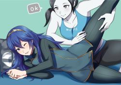 Rule 34 | 2girls, ameno (a meno0), assisted stretching, blue hair, breasts, cleavage, colored skin, fire emblem, fire emblem awakening, grey eyes, grey hair, leg lift, long hair, looking at another, lucina (fire emblem), lying, multiple girls, nintendo, on side, one eye closed, parted lips, ponytail, simple background, smile, stretching, super smash bros., tank top, tiara, white skin, wii fit, wii fit trainer, wii fit trainer (female)
